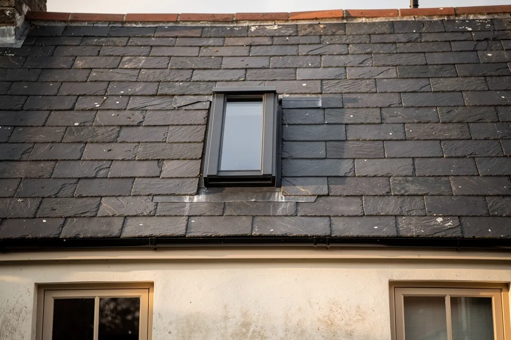 A black conservation rooflight with a central bar in a slate roof