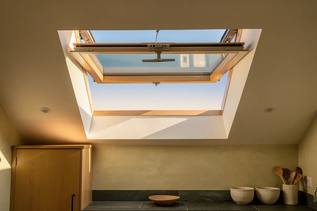 An electric opening rooflight raised above a kitchen