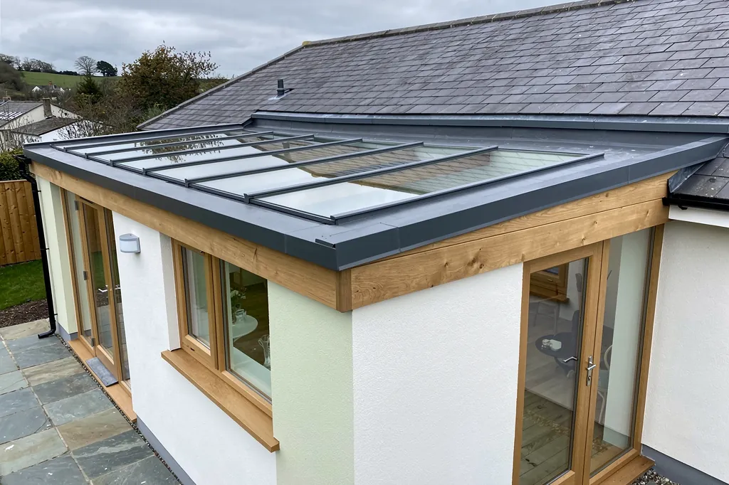 A flat rooflight on a GRP flat roof