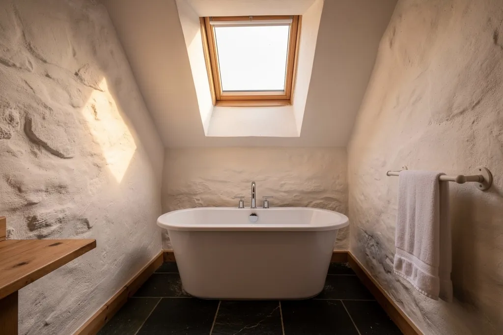 A rooflight over the bath in a cob cottage bathroom