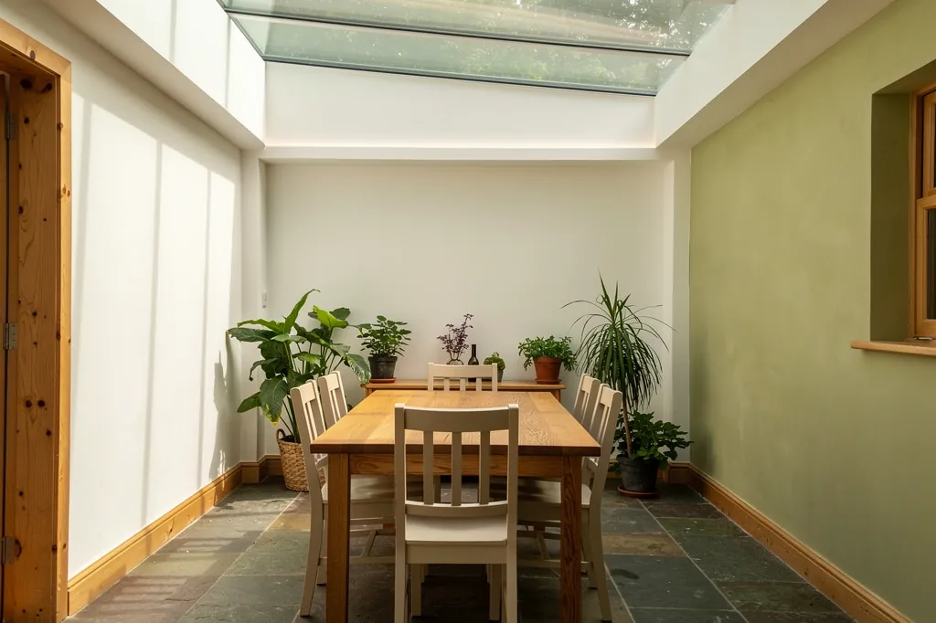 A garden room with a flat rooflight above a dining table