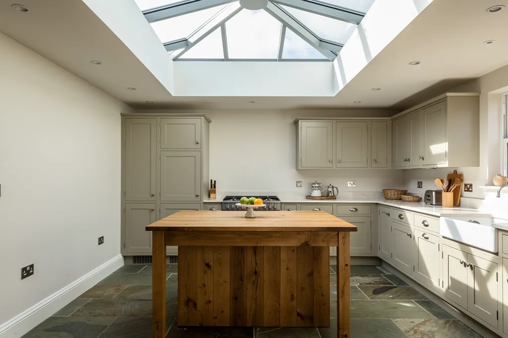 A roof lantern above an oak island in a Devon kitchen extension, set in a crisp plastered opening