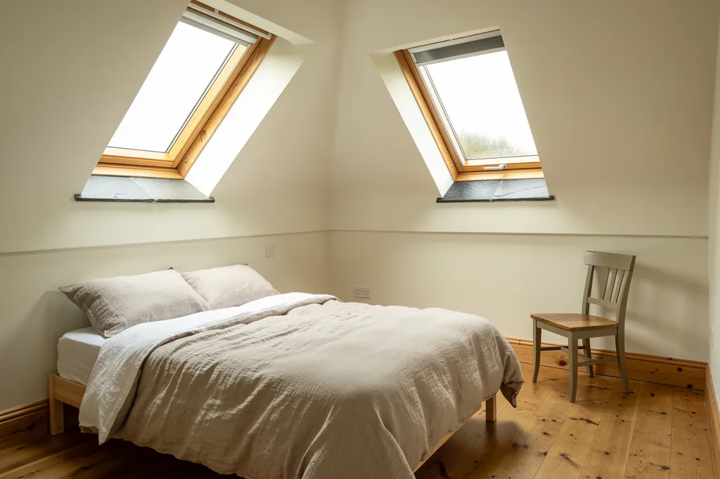 Two roof windows in a loft bedroom with neatly finished linings
