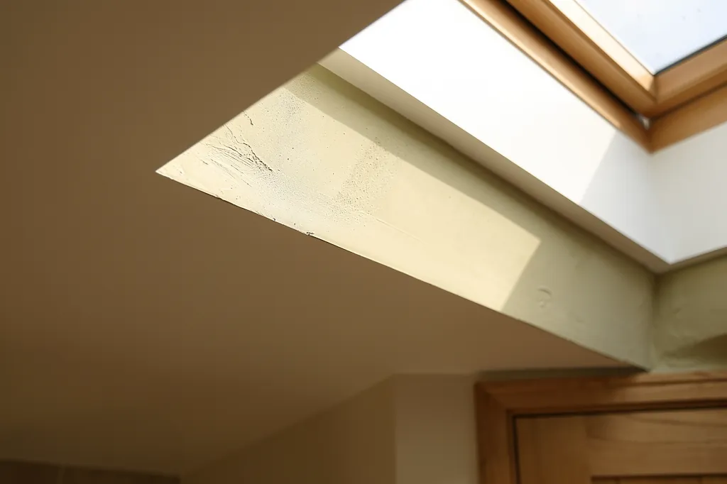 Close view of a splayed plaster reveal meeting the ceiling with a clean paint line