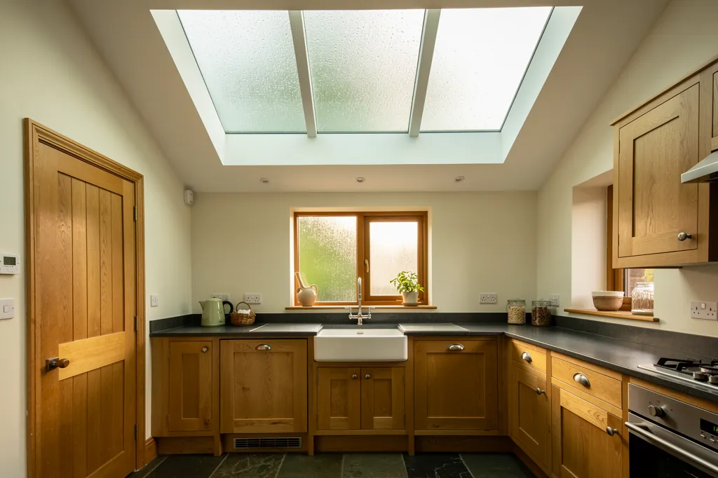 A rooflight with misted panels above a kitchen