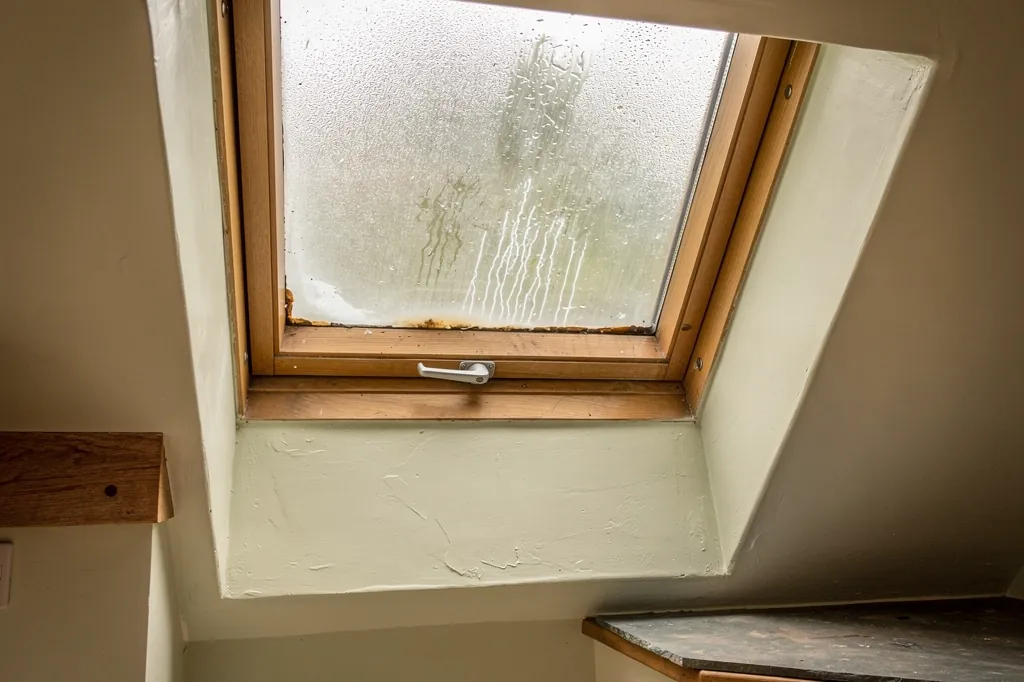 A misted double-glazed rooflight with condensation between the panes