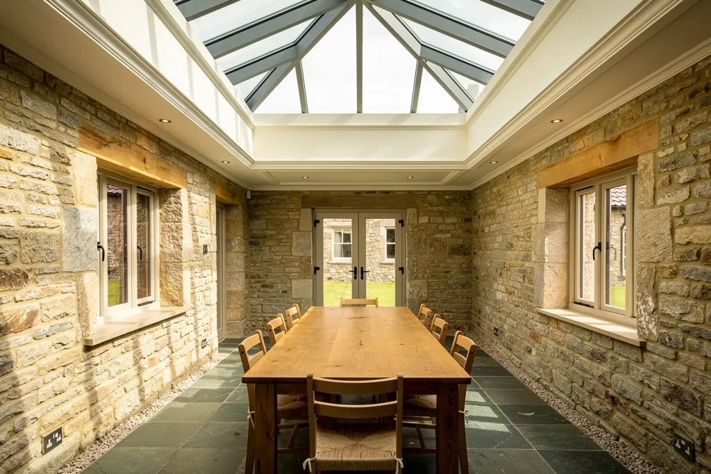 A roof lantern above an orangery-style extension on a Devon stone house