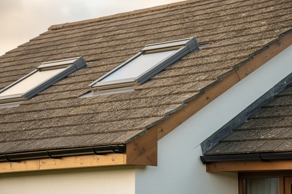 Roof windows with grey flashing on a concrete-tiled roof