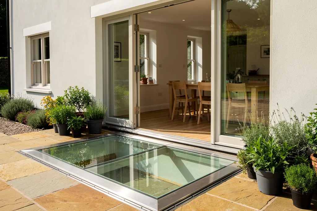 A walk-on rooflight in a garden path beside the house