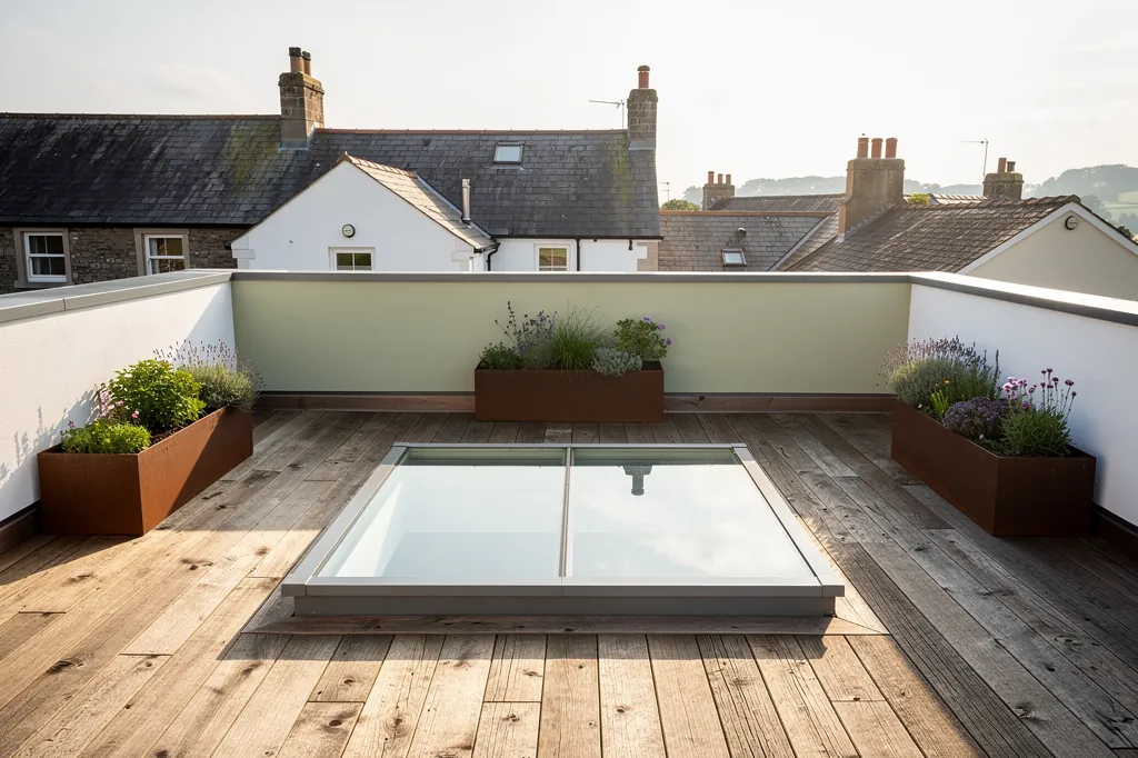 A walk-on rooflight set into a roof terrace